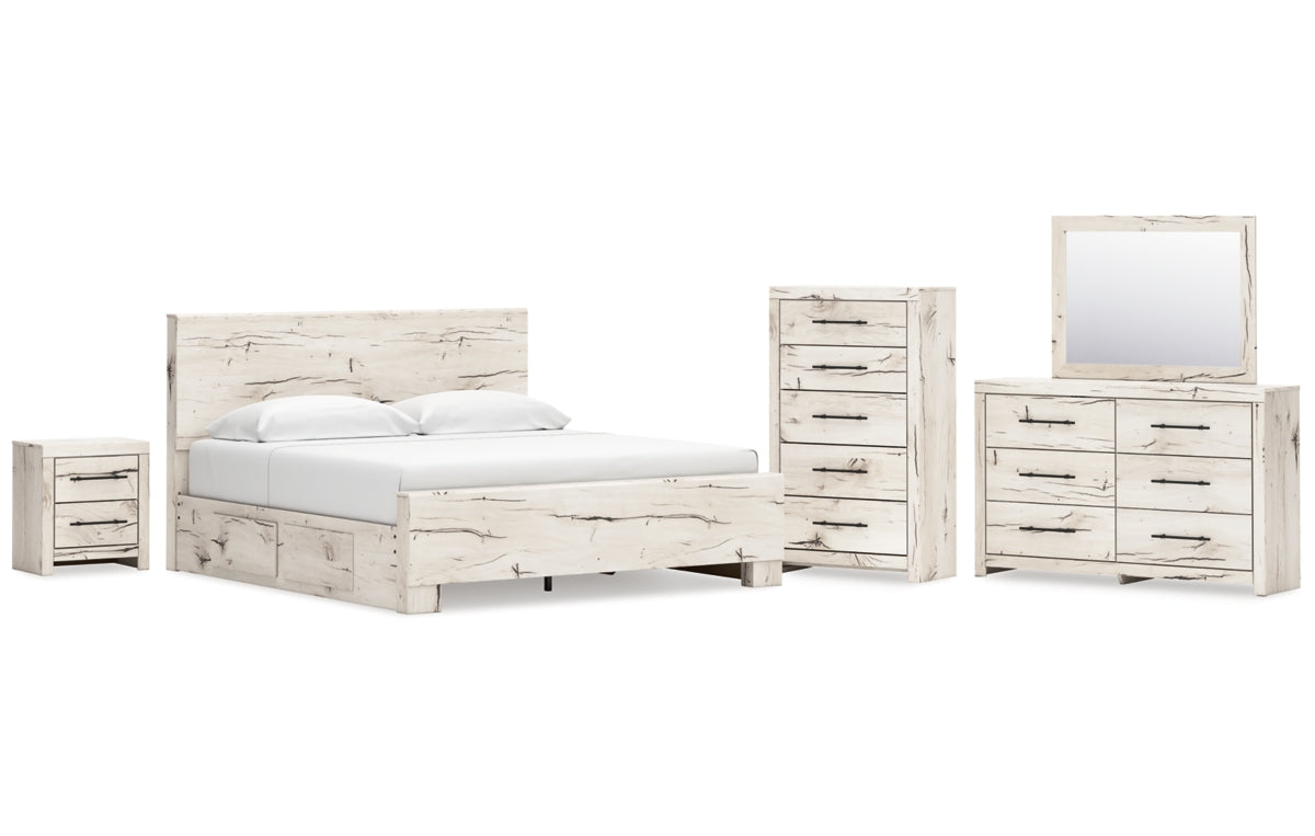 Lawroy King Panel Bed with Mirrored Dresser, Chest and Nightstand