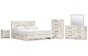 Lawroy King Panel Bed with Mirrored Dresser, Chest and Nightstand