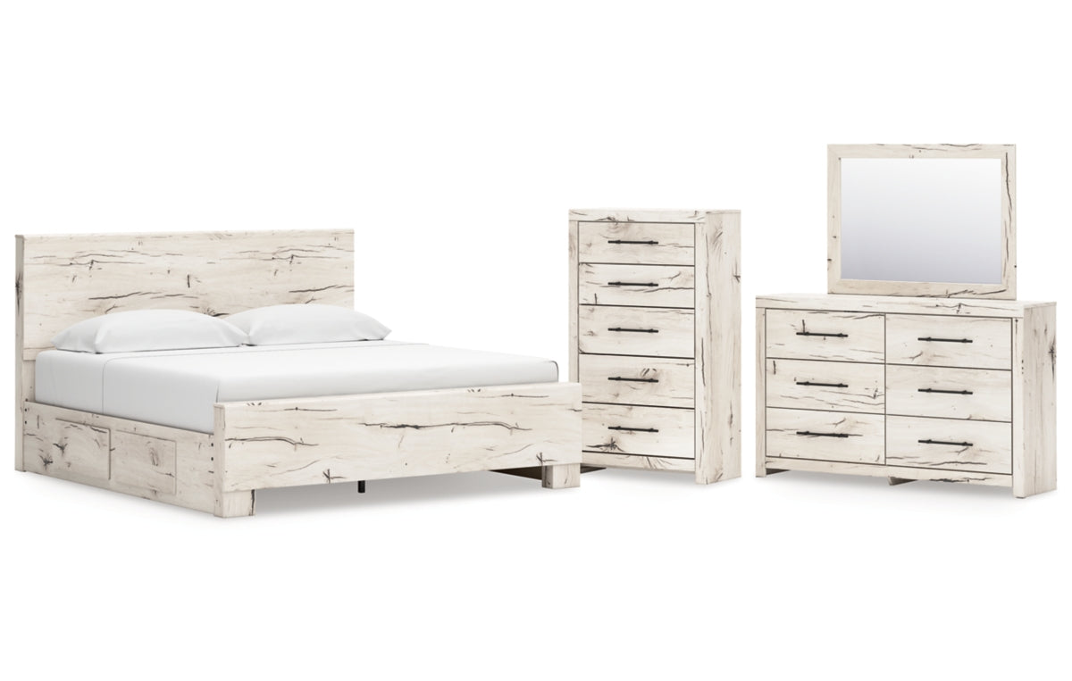 Lawroy King Panel Bed with Storage, Dresser, Mirror and Chest