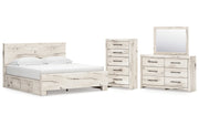 Lawroy King Panel Bed with Storage, Dresser, Mirror and Chest