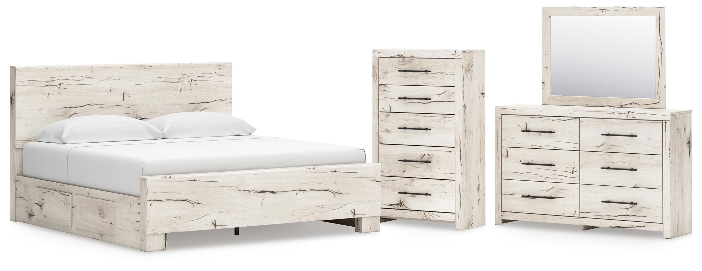 Lawroy King Panel Bed with Storage, Dresser, Mirror and Chest