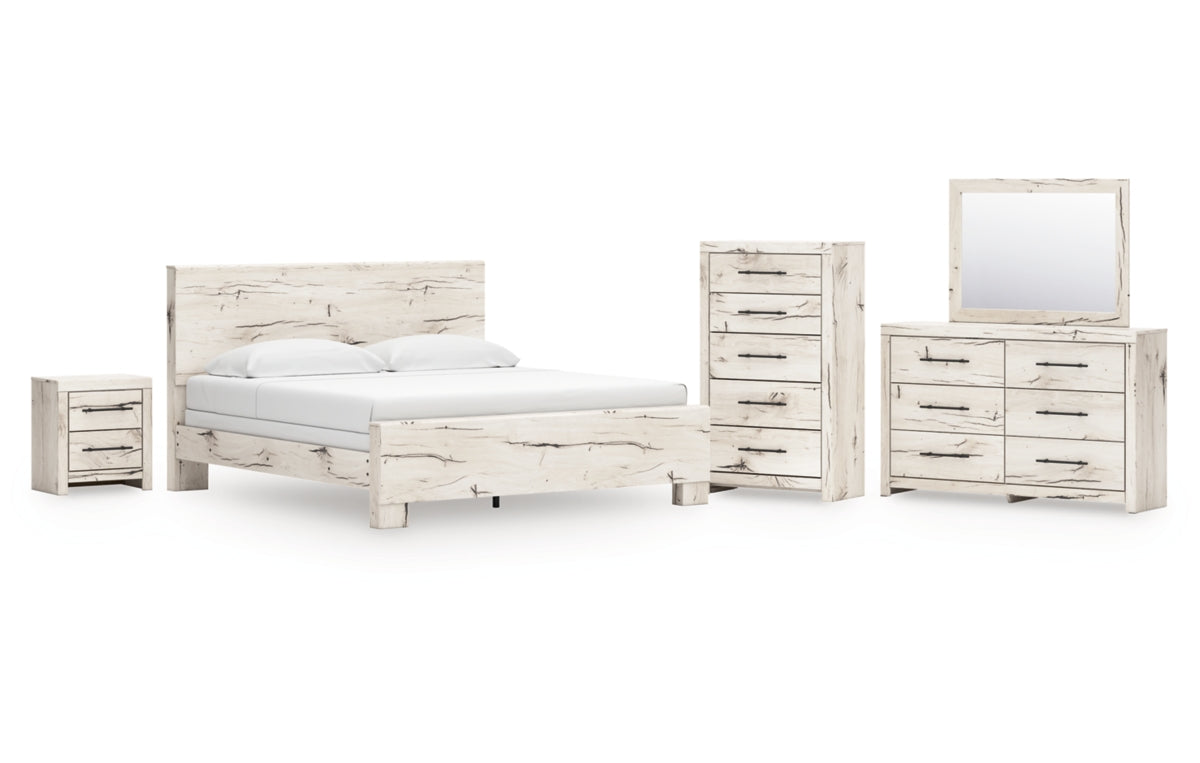 Lawroy King Panel Bed with Mirrored Dresser, Chest and Nightstand