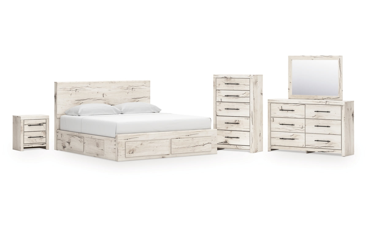 Lawroy King Panel Storage Bed with Mirrored Dresser, Chest and Nightstand