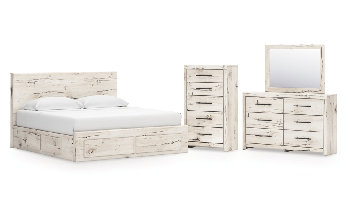 Lawroy King Panel Storage Bed with Mirrored Dresser and Chest
