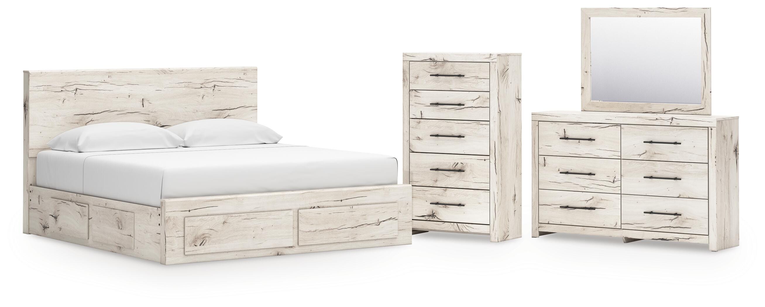 Lawroy King Panel Storage Bed, Dresser, Mirror and Chest