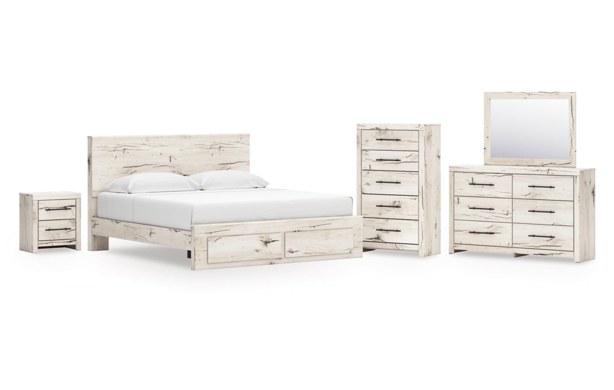 Lawroy King Panel Storage Bed with Mirrored Dresser, Chest and Nightstand