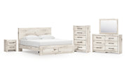 Lawroy King Panel Storage Bed, Dresser, Mirror, Chest and Nightstand