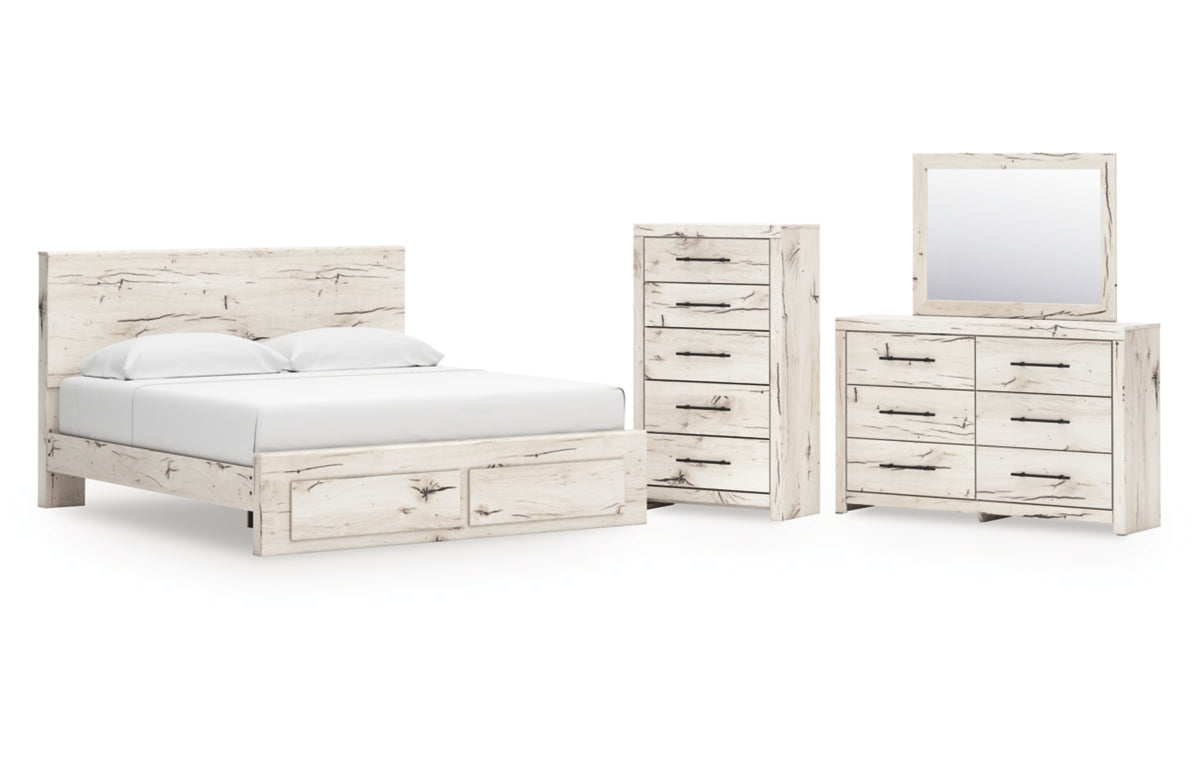 Lawroy King Panel Storage Bed with Mirrored Dresser and Chest