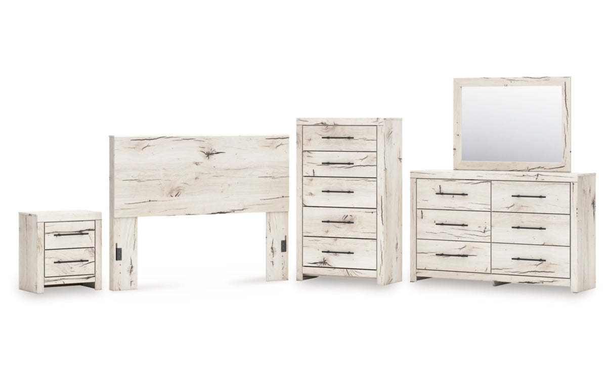 Lawroy Queen Panel Headboard with Mirrored Dresser, Chest and Nightstand