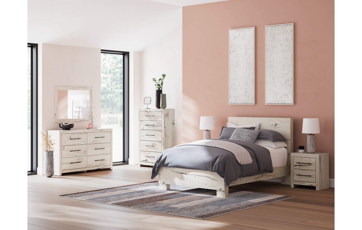Lawroy Full Panel Bed with Mirrored Dresser, Chest and Nightstand