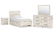 Lawroy Twin Panel Bed with Storage, Dresser, Mirror and Nightstand