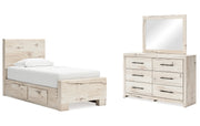 Lawroy Twin Panel Bed with Storage, Dresser and Mirror
