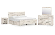 Lawroy King Panel Bed with Storage, Dresser, Mirror and Nightstand