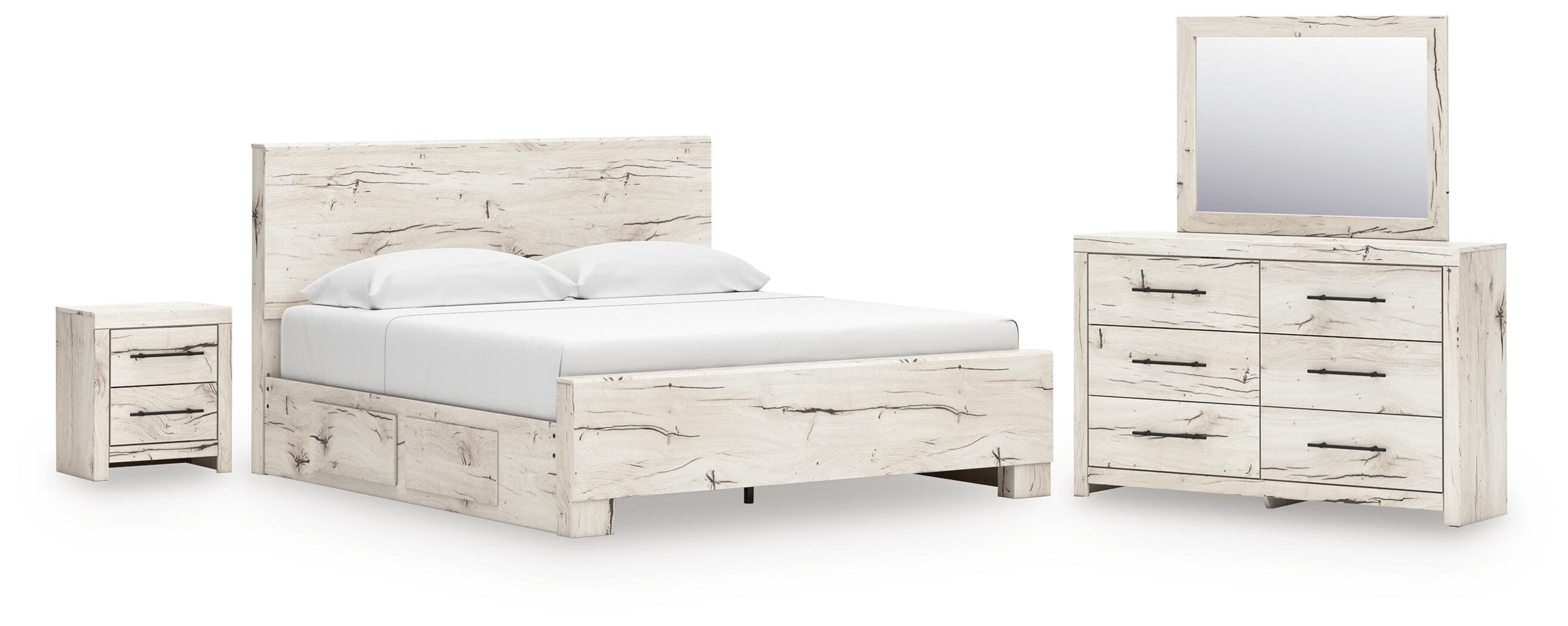 Lawroy King Panel Bed with Storage, Dresser, Mirror and Nightstand