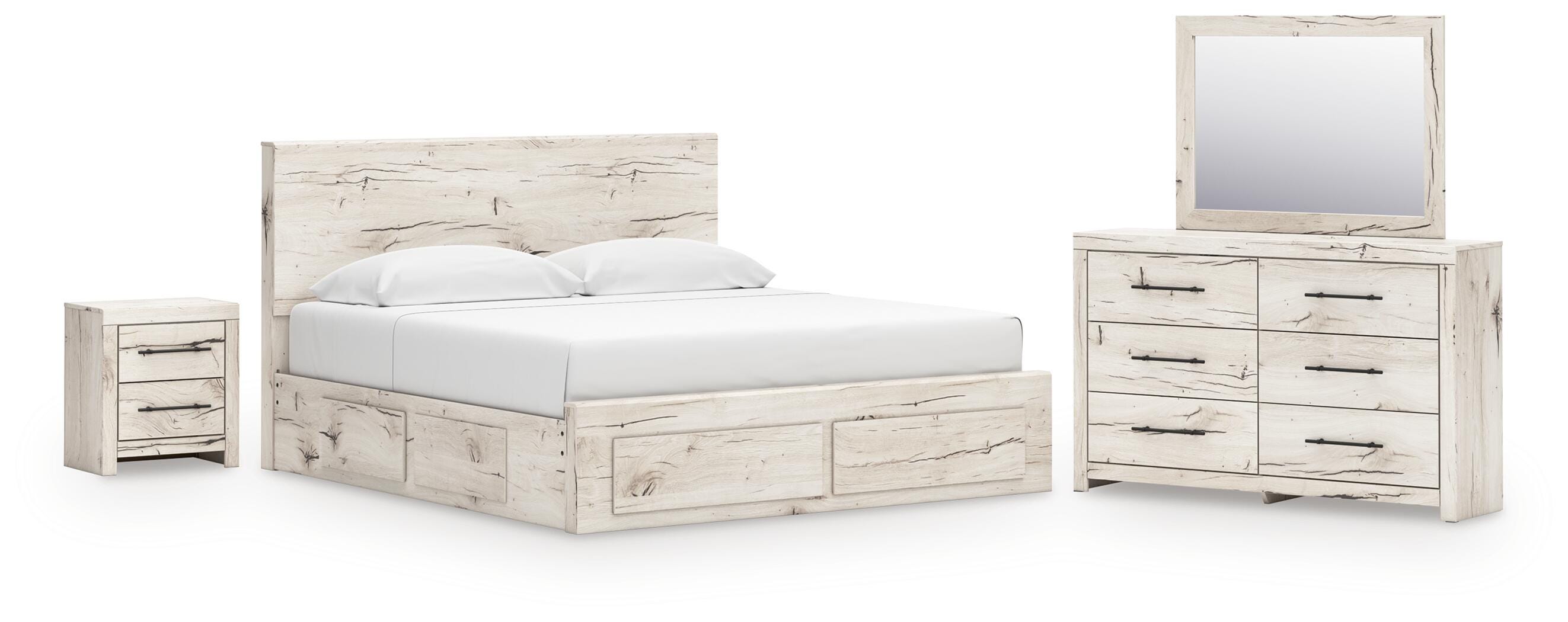 Lawroy King Panel Storage Bed, Dresser, Mirror and Nightstand