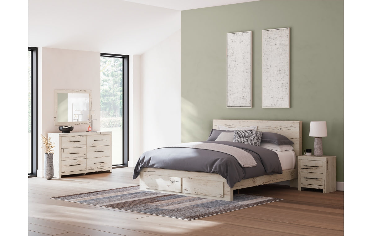 Lawroy King Panel Storage Bed with Mirrored Dresser and Nightstand