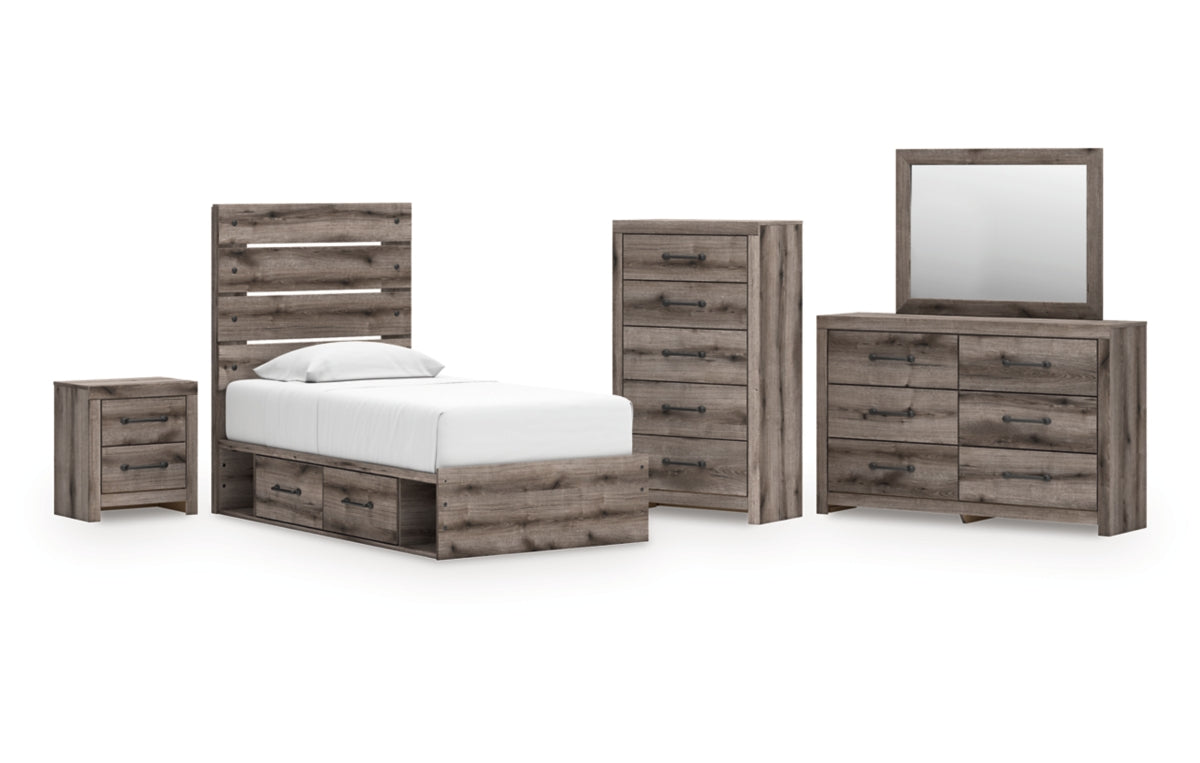 Graystorm Twin Panel Bed with Storage with Mirrored Dresser, Chest and Nightstand