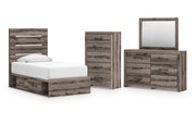Graystorm Twin Panel Bed with Storage with Mirrored Dresser and Chest