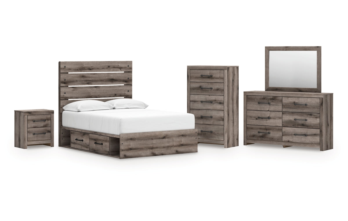 Graystorm Full Panel Bed with Storage, Dresser, Mirror, Chest and Nightstand