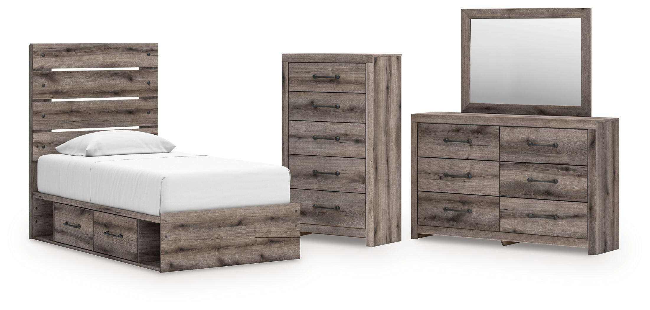 Graystorm Twin Panel Bed with Storage, Dresser, Mirror and Chest