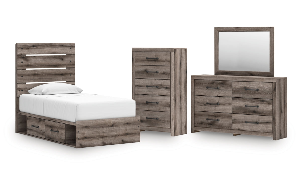 Graystorm Twin Panel Storage Bed with Mirrored Dresser and Chest