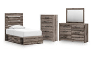 Graystorm Twin Panel Storage Bed with Mirrored Dresser and Chest