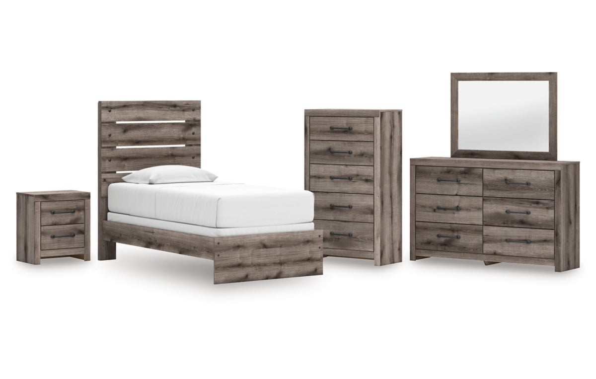 Graystorm Twin Panel Bed with Mirrored Dresser, Chest and Nightstand