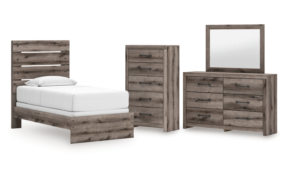 Graystorm Twin Panel Bed with Mirrored Dresser and Chest