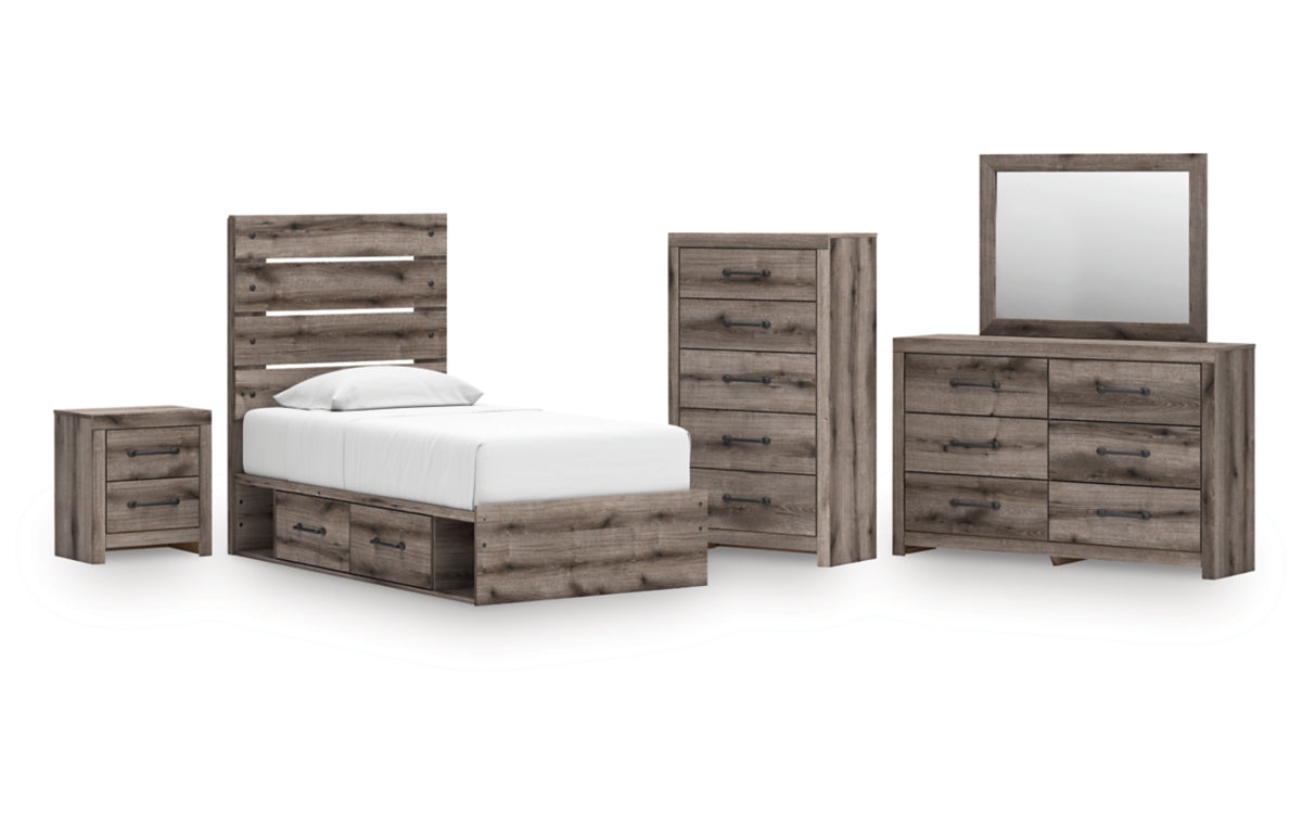 Graystorm Twin Panel Storage Bed, Dresser, Mirror, Chest and Nightstand