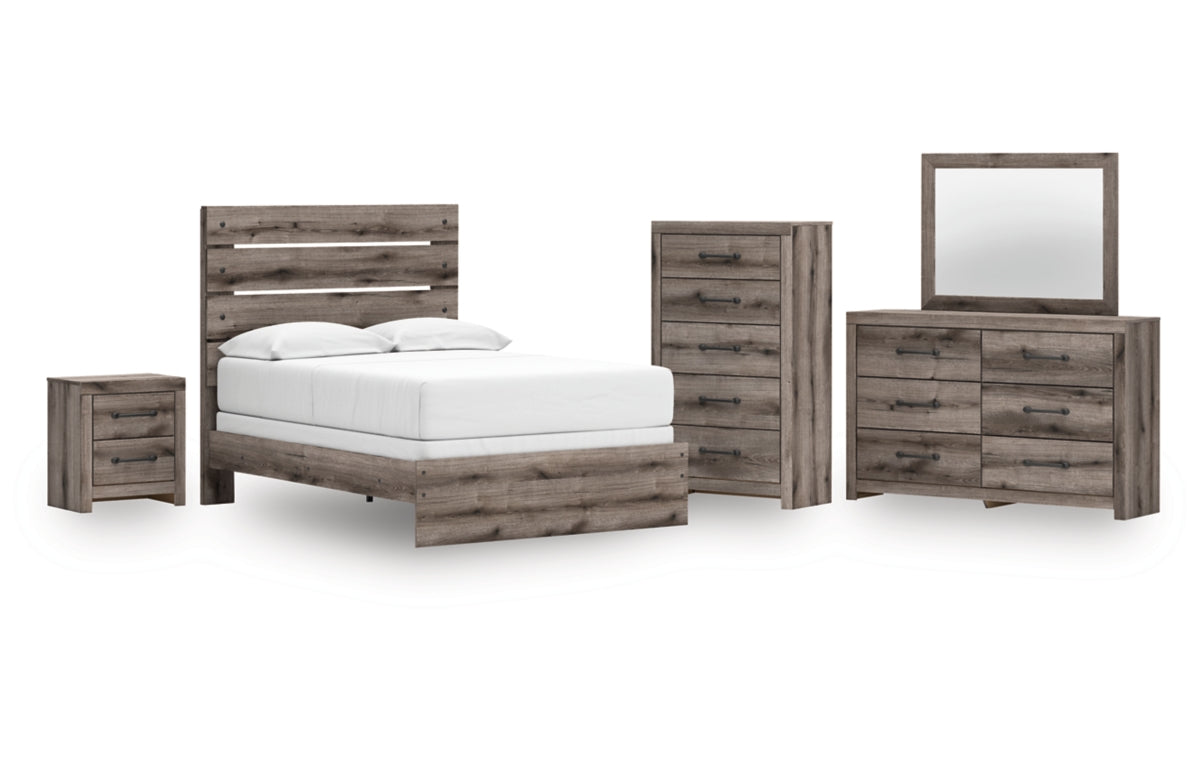 Graystorm Full Panel Bed with Mirrored Dresser, Chest and Nightstand