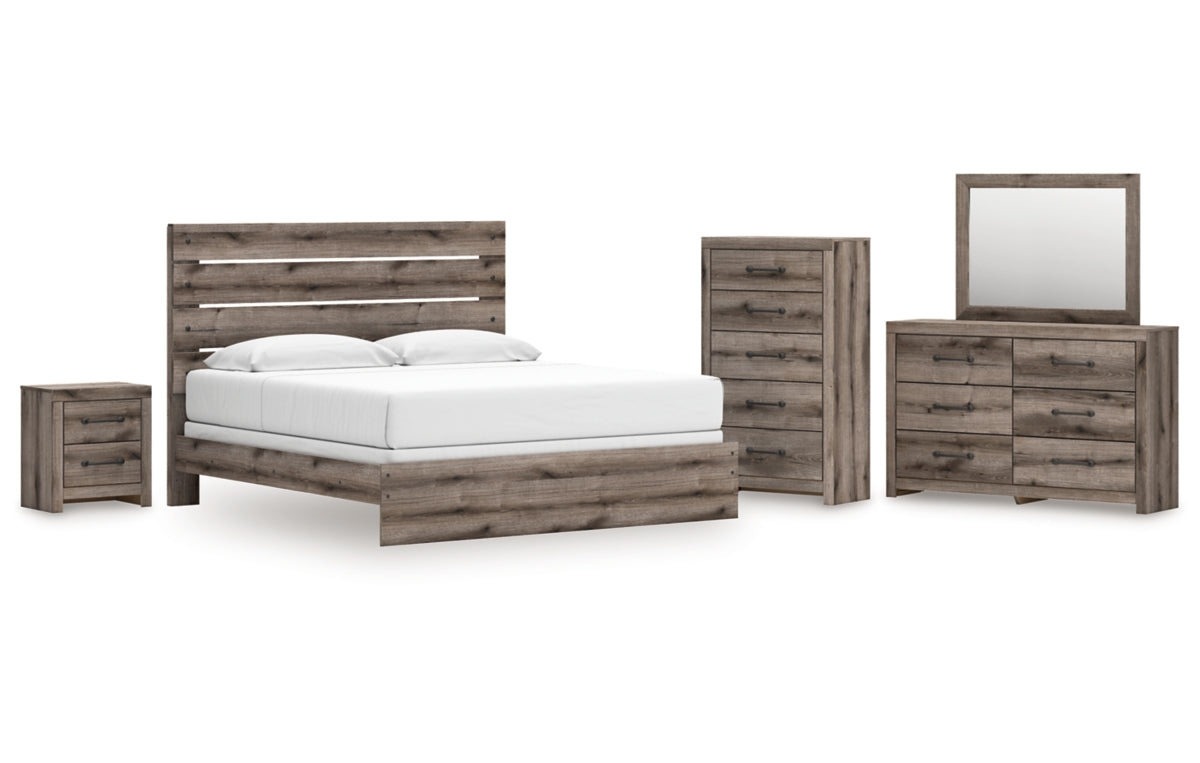 Graystorm King Panel Bed with Mirrored Dresser, Chest and Nightstand