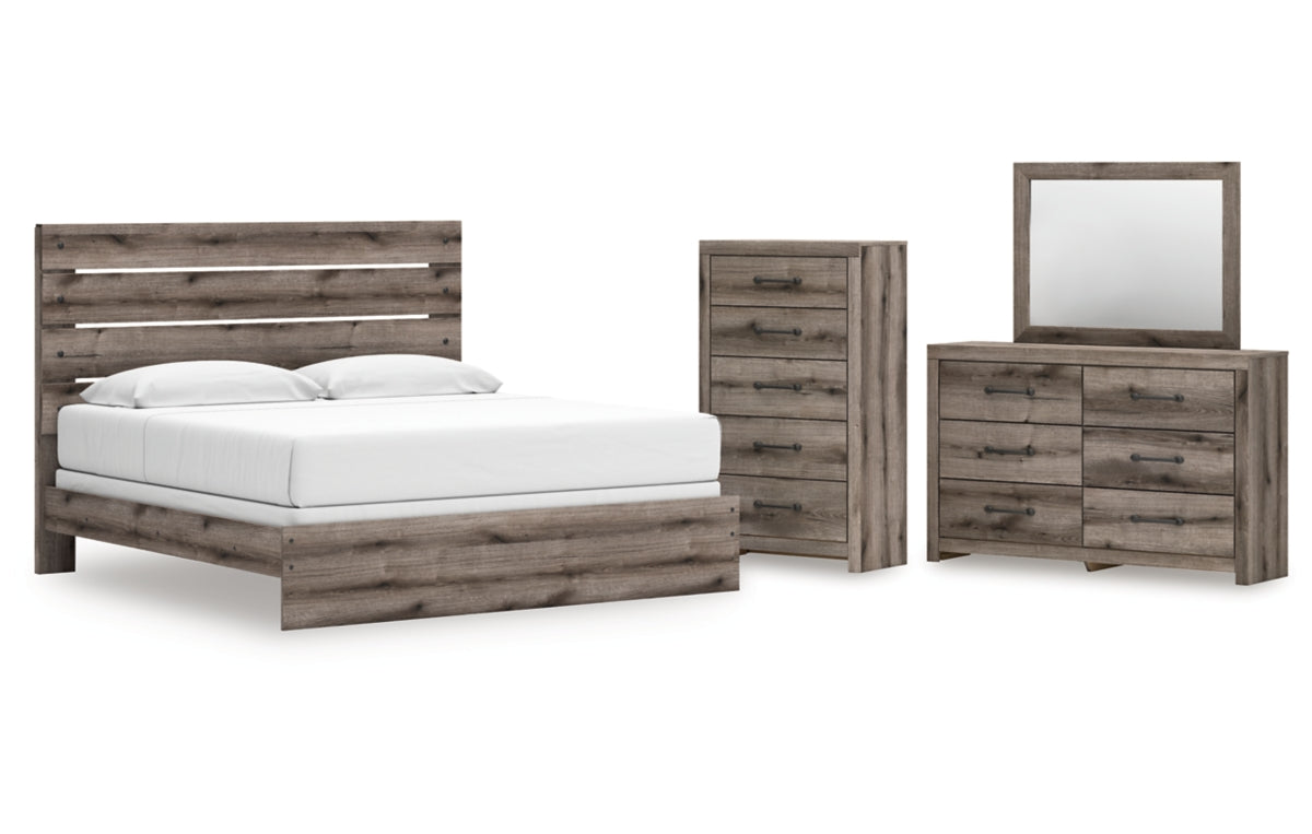 Graystorm King Panel Bed with Mirrored Dresser and Chest