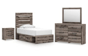 Graystorm Twin Panel Bed with Storage, Dresser, Mirror and Nightstand
