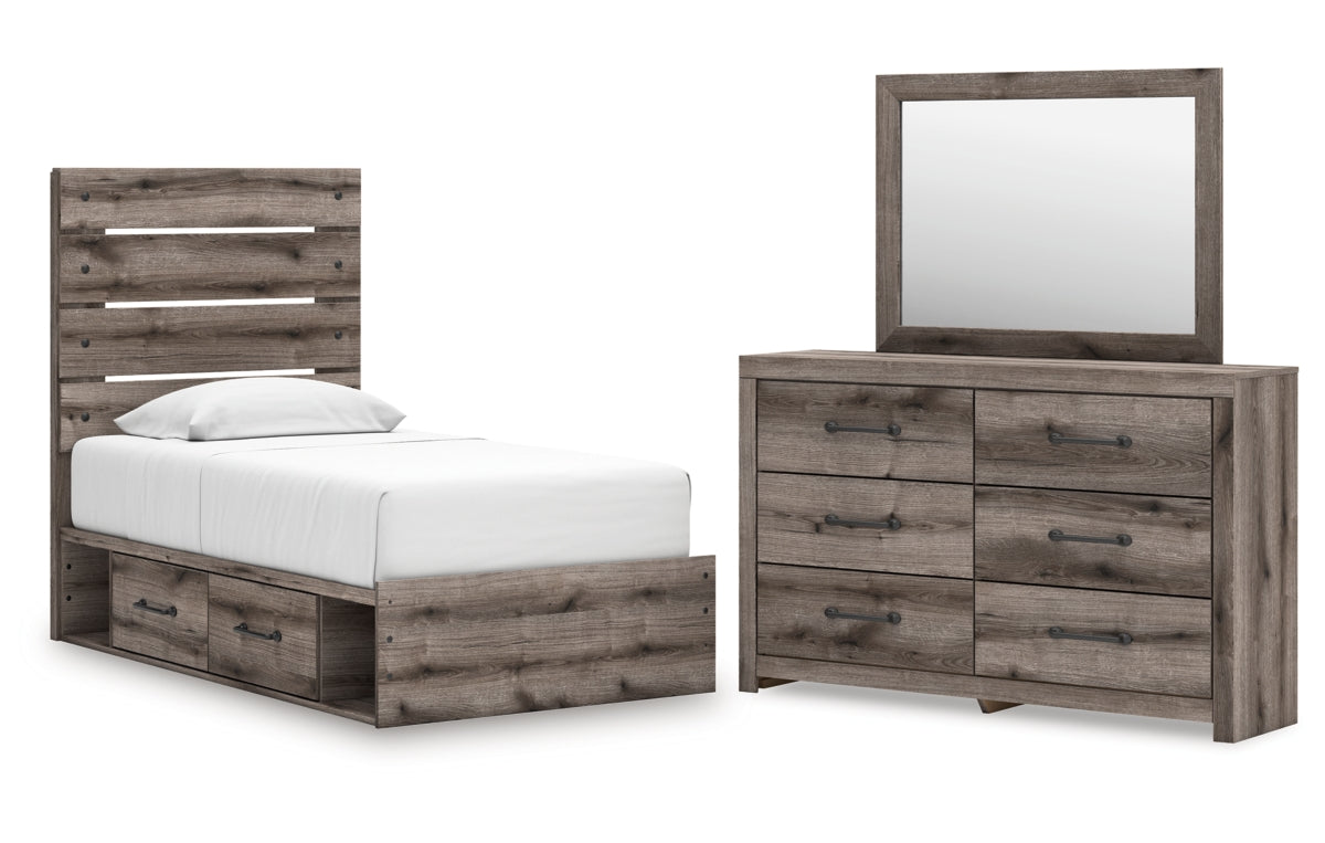 Graystorm Twin Panel Bed with Storage with Mirrored Dresser