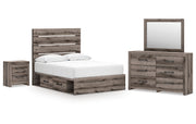Graystorm Full Panel Bed with Storage with Mirrored Dresser and Nightstand
