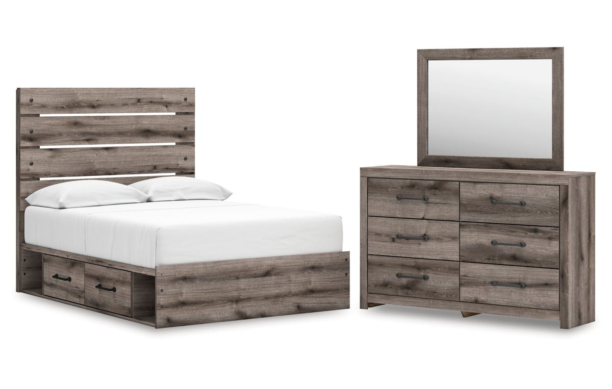 Graystorm Full Panel Bed with Storage with Mirrored Dresser
