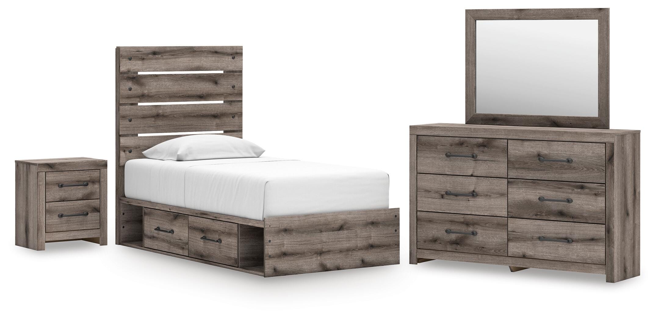 Graystorm Twin Panel Bed with Storage, Dresser, Mirror and Nightstand