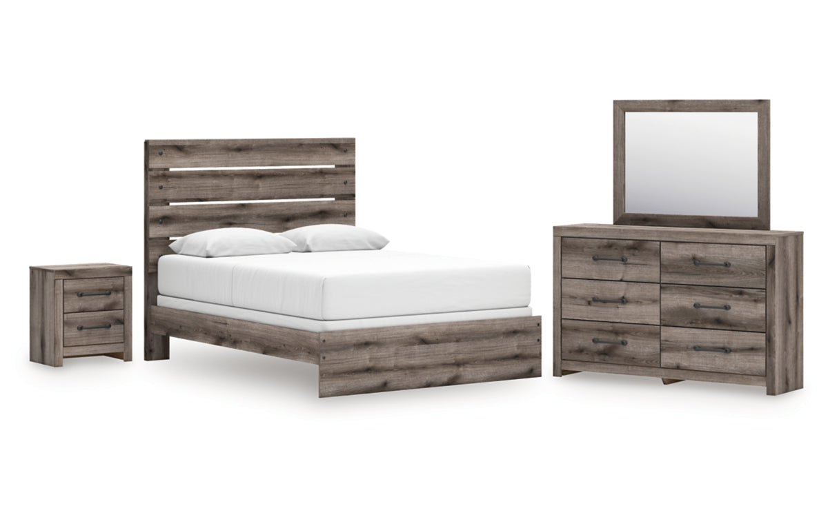 Graystorm Queen Panel Bed with Mirrored Dresser and Nightstand