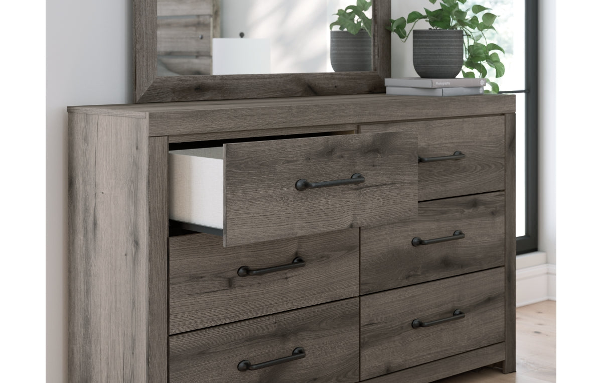 Graystorm Twin Panel Bed with Storage, Dresser and Mirror
