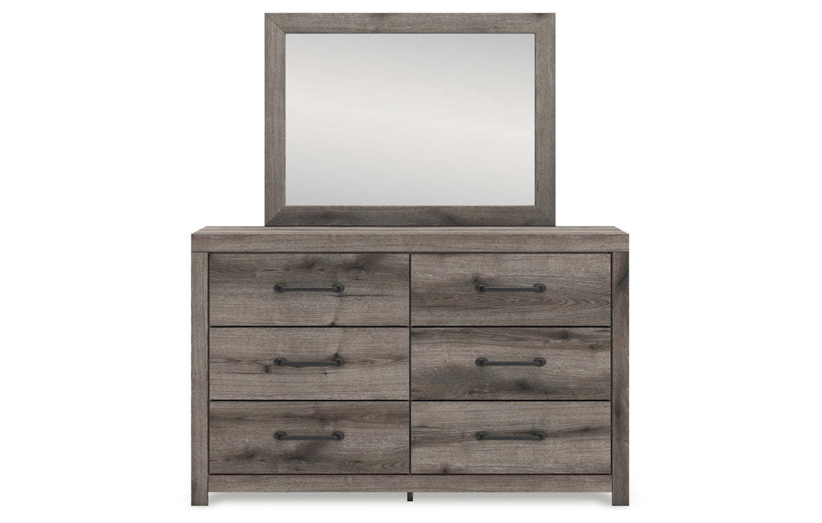 Graystorm Queen Panel Bed with Mirrored Dresser and Nightstand