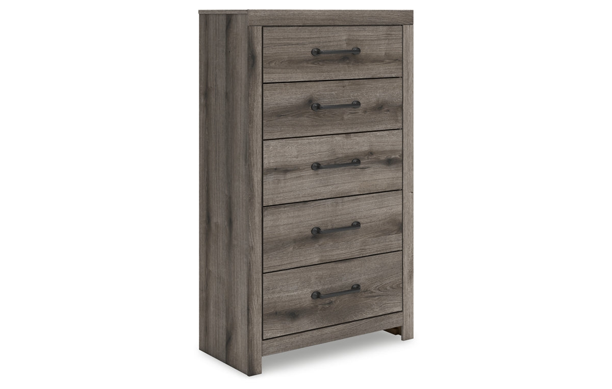 Graystorm King Panel Bed with Mirrored Dresser, Chest and Nightstand