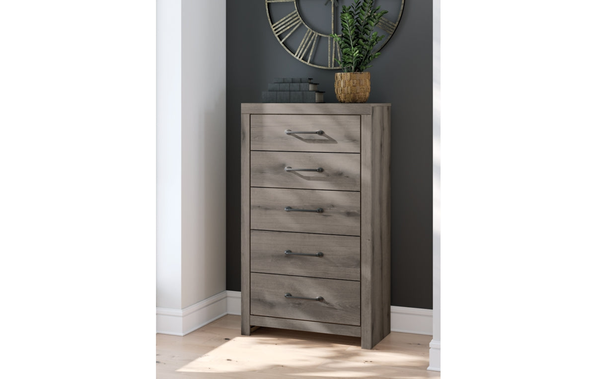 Graystorm Full Panel Bed with Storage with Mirrored Dresser and Chest