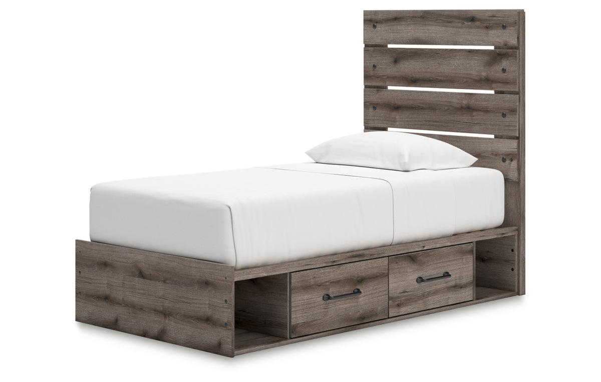 Graystorm Twin Panel Bed with Storage with Mirrored Dresser and Nightstand