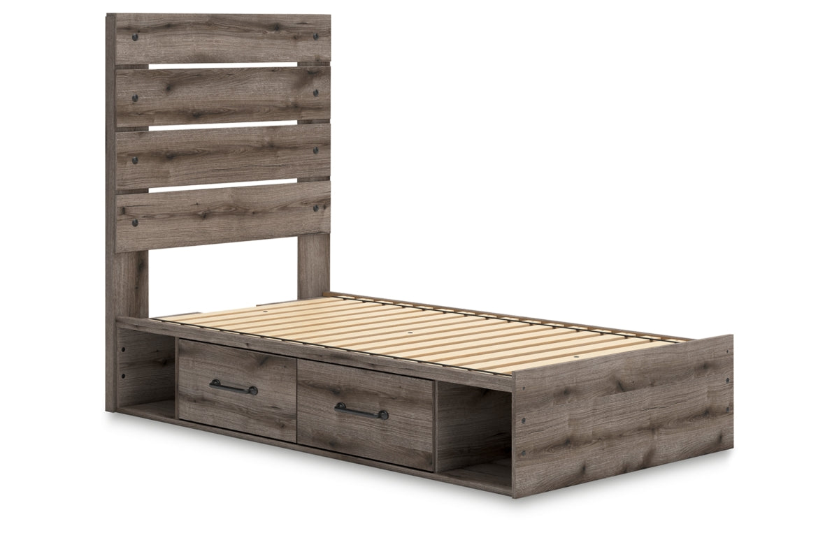 Graystorm Twin Panel Bed with Storage, Dresser, Mirror and Nightstand