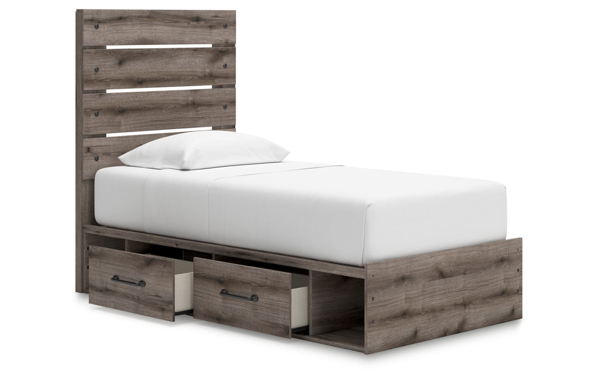 Graystorm Twin Panel Bed with Storage with Mirrored Dresser