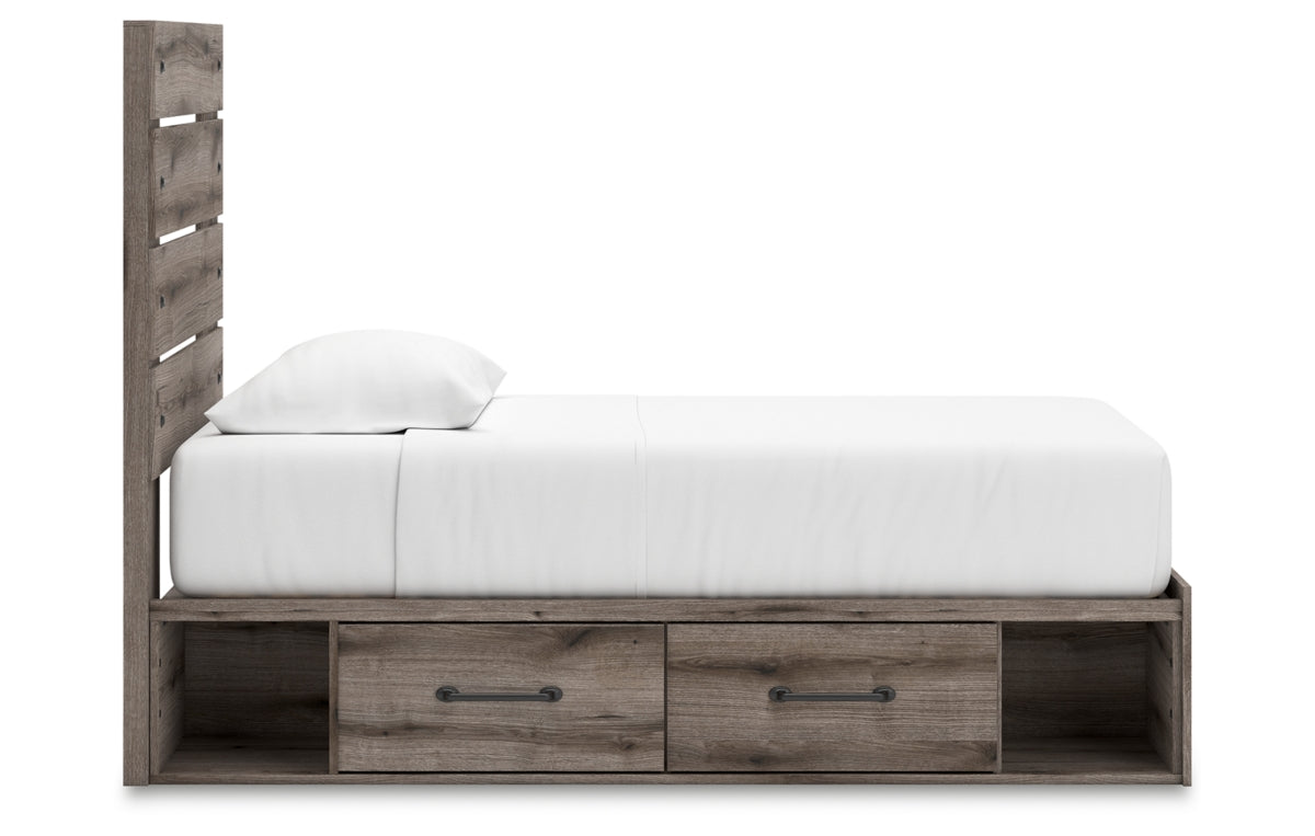 Graystorm Twin Panel Bed with Storage, Dresser and Mirror