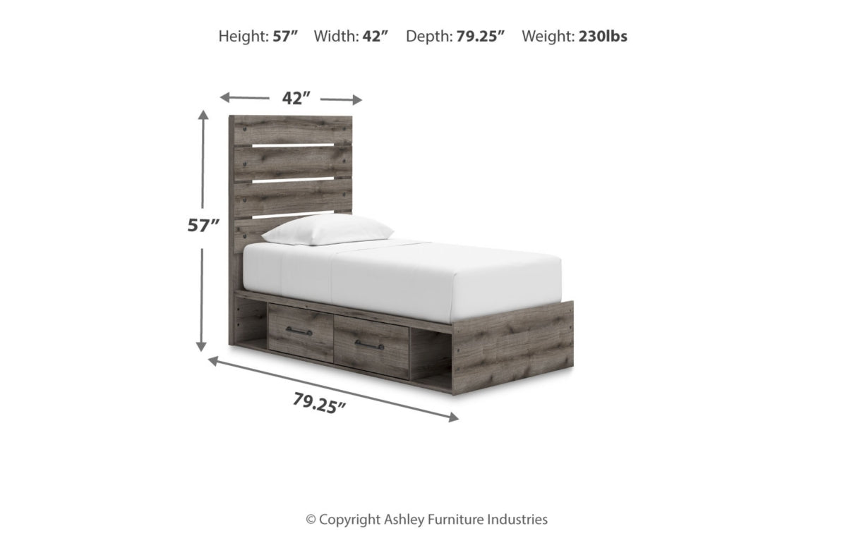 Graystorm Twin Panel Bed with Storage with Mirrored Dresser and Nightstand