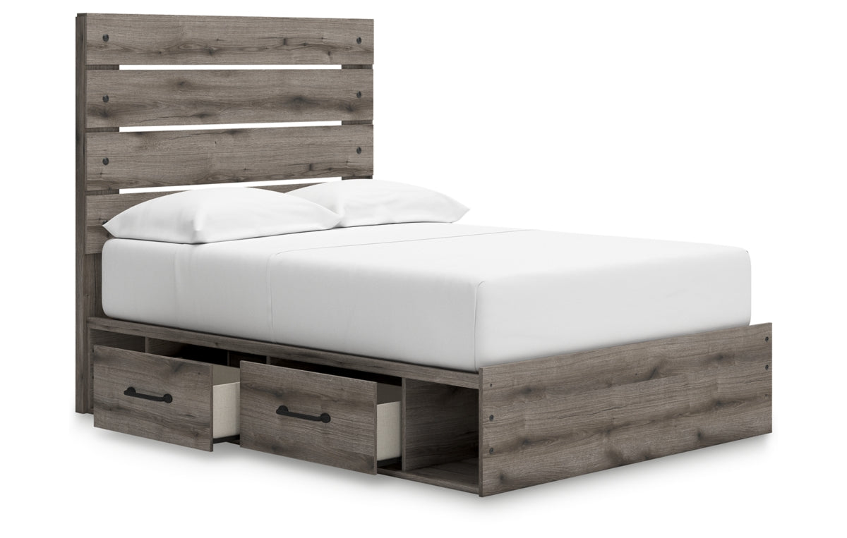 Graystorm Full Panel Bed with Storage with Mirrored Dresser