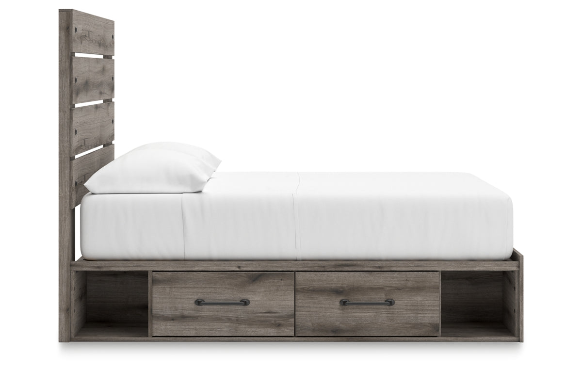 Graystorm Full Panel Bed with Storage with Mirrored Dresser and Chest