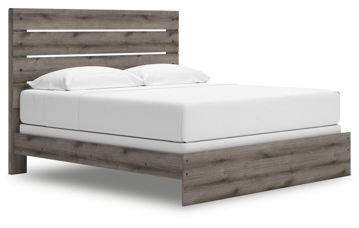 Graystorm King Panel Bed with Mirrored Dresser and Chest